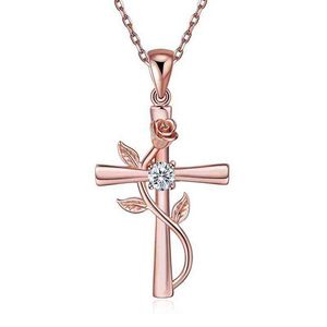 Women's Rose Cross Plated Symbol Romantic Love Flower Pendant Necklace Jewelry G220310