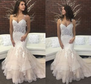 Ruffle Mermaid Bröllopsmottagning Klänningar Champagne 2021 Spaghetti Straps Beaded Lace Applique Tulle Formell Klänning Party Womens Bridal Gowns