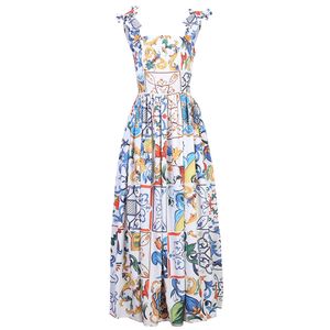 Mode runway zomerjurk nieuwe dames boog spaghetti riem backless blauw en wit porselein floral print lange jurk T1101