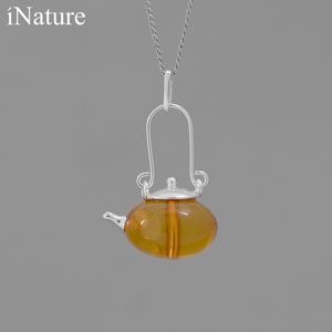 INATURE Natural Amber Teapot Sterling Silver Chain Pendant Necklace For Women Fine Jewelry Q0531