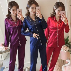 봄 가을 실크 새틴 잠옷 세트 여성 긴 소매 잠옷 잠옷 Loungewear homewear Pijama Mujer 홈 의류 T200707