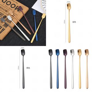 Stainless Steel Long Handle Scoops Colourful Square Head Spoon Teacup Coffee Ice Cream Tableware Stirring Ladle New Arrival 2 8xh G2