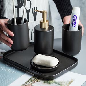 Bathroom Wash Set Simple Ceramic Hand Soap Dispenser Mouthwash Cup Soap Dish Home Bath Washing Accessory Suit Black White LJ201204