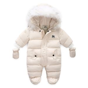 子供の冬のジャンプスーツの毛皮のフードの赤ちゃん女の子の男の子スノーシュールロシアの冬の幼児のアウターウェア卵ぼり赤ん坊の厚いロンパース手袋LJ201023
