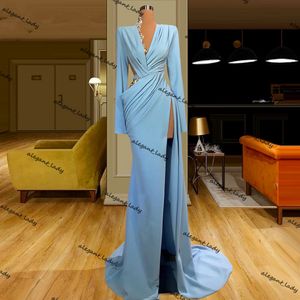 Light Blue Długim rękawem Suknie wieczorowe V Neck Split Syrenka Formalna Prom Dress Dubai Longue Rats Vestidos de Soiree