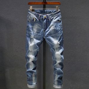 Jeans masculinos rasgados homens escuros trecho azul slim fit ajuste afligido streetwear calça calça casual retro motociclista homem calças hiphop