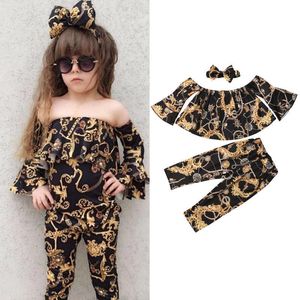 새로운 패션 3pcs 캐주얼 아기 의류 세트 소녀 오프 어깨 탑 + 느슨한 바지 레깅스 + 머리띠 여름 옷 벨 바닥 바지를 설정합니다