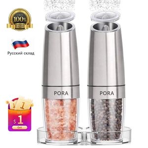 2Pcs Set Electric Pepper Mill Stainless Steel Automatic Gravity Shaker Salt and Grinder Kitchen Spice Tools 220311