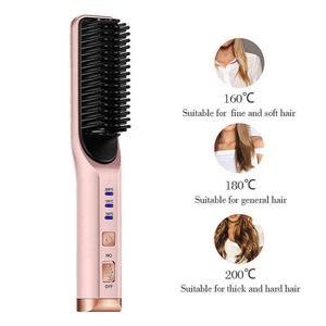 Heating Straight Hair Brush Fast Styling Portable wireless Hair Flat Irons Straightening Comb USB Recharge Big battery 4000 mA 211224