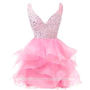 Sweet Sexy Backless Deep V-Neck Crystal Sequins Mini Ball Gown Homecoming Dress With Beading Plus Size Graduation Cocktail Prom Pa217o