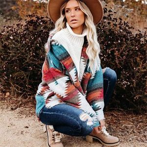 Vintage Jacket Women Splicing Loose Denim Print Aztec Retro Ethnic Style Long Sleeved Shirt Streetwear Female Goth Coat 211223