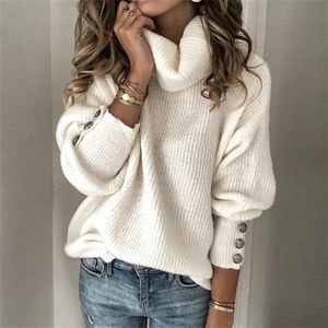 Além disso, suéter das mulheres outono e inverno Europeu e americano Comércio Exterior Feminino Popular High Collar Knitwear Botão de Cuff 201031