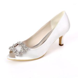 Middle Heels Satin Crystal Party Shoes Fish Mouth Prom Evening Wedding Bridal Women Dress Pumps1
