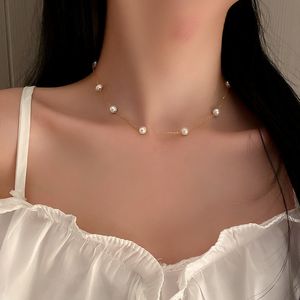 AFSHOR New Fashion 14K Real Gold Pearl Clavicle Chains Necklace for Women Temperament High Quality Jewelry Wedding Party Girl Gift Ins