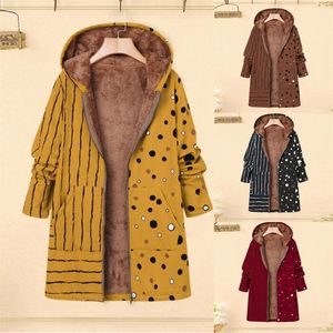 Bayan Artı Boyutu Baskı Ceket Kış Sıcak Vintage Cepler Boy Kapüşonlu Mont Kadın Rahat Dış Giyim Polar Ceket Anne # G1