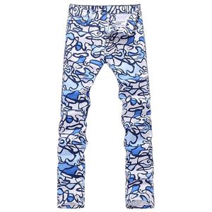Men's Jeans Slim Doodle Print Male Causal Elastic Thin Denim Straight Pants Long Trousers