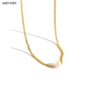 Andywen 925 Sterling Silver Gold Chain Pearl Choker Naszyjnik Długi Łańcuch Luksusowe Jewelry Klejnoty Moda Rock Punk Naszyjnik Q0531