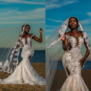 2022 Abiti da sposa vintage a sirena con maniche ad aletta africane Abiti da sposa senza schienale in pizzo con scollo rotondo velato Abito da sposa taglie forti