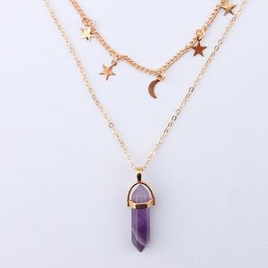 Classic Multilayer Hexagon Prism Natural Stone Pendant Necklace High Quality Gold Chain Star Moon Jewelry for Women