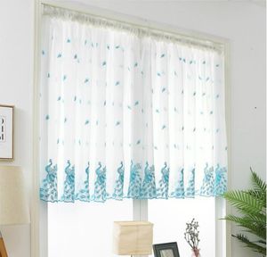 Embroidered Pink Peacock Sheer Curtain For Kitchen Windows Blue White Rod Pocket Short Sheers Voile Door