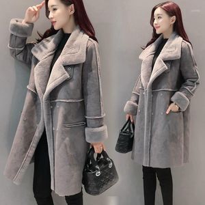 Mulheres Faux Faux Atacado-2021 Inverno Mulheres Cordeiras Lã Outerwear Feminino Longo Grosso Shearling Casacos Dupla Casacos De Camurça Breasted H161