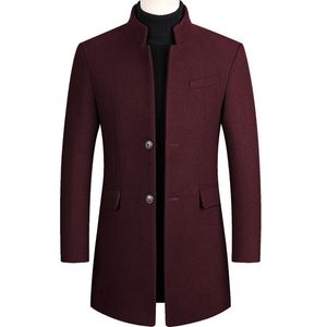 Мужские пальто для мальчиков для мальчиков зимнее вино красное пальто плюс размер шерстяной смеси Пальто Длинная мужская ветровка хлопчатобумажная густая теплое пальто