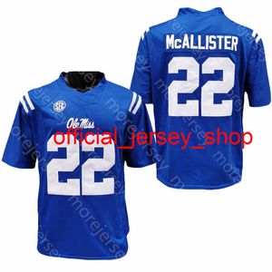 2020 NCAA OLE Miss Rebels Football Jersey College 22 McAllister Azul Todos Costurado e Bordado Tamanho S-3XL