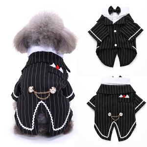 Stylish Dog Suit Bow Tie Costume Dog Apparel Puppy Tuxedo Wedding Halloween Birthday Cosplay Shirt Pet Formella kläder för små medelstora hundar 17 färg grossist A293