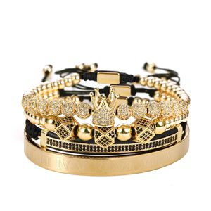 Números Aço 4Pcs / Set Luxo CZ Crown Bracelet Set inoxidável romanos gravado Bangle trançado Macrame Bracelet