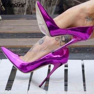 Dress Shoes Abesire 12cm Fluorescent Purple Pointed Toe Pumps Stiletto Heels Patent Leather Shallow Iridescent Wedding 220303