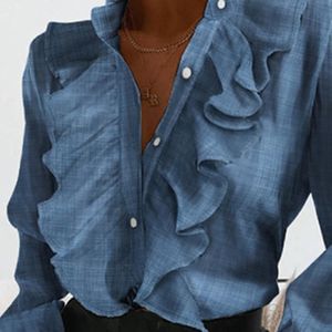 Eleganta kvinnor Ruffle Neck Chiffon Blus Vår Lång Flare Ärmskjorta Blus Casual Summer Office Lady Button Toppar Blusa Mujer