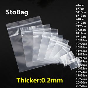 StoBag 100pcs Thick transparente Zip fechamento Plastic Bags jóias dom Food Packaging impressão saco de armazenamento Reclosable Poly personalizado 201021