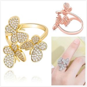 New Fashion Rose Gold Bling Cubic Zirconia Womens 3 Butterfly Open Cuff Finger Ring Iced Out Diamond Band Rings Hip Hop Jewelry For Ladies