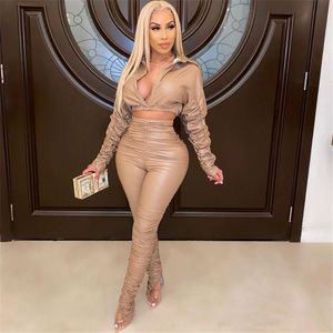 Women's Two Piece Pants Sexy PU Faux Leather Outfits For Women Birthday Night Club Matching Sets Crop Top Slit Stacked Set Undefined