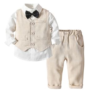 Maluch chłopiec ubrania dla dzieci chłopcy garnitury ślubne kamizelka w paski + biała koszula + spodnie 3 sztuk strona chłopiec stroje dziecięca odzież wierzchnia 201127