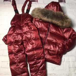 80cm -140cm 2020 jaqueta de inverno crianças para baixo jaquetas pant peito pato de pele com capuz com capuz girl snowsuit boy terno conjunto outerwear ski terno lj201125