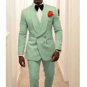 Mint Green Slim Fit Mens Passar med dubbelbröst för bröllopsbrud Tuxedo 2 Piece Set Jacka Byxor Sångare Prom Stage Kläder 201105