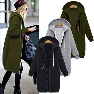 Jappkbh Sonbahar Kış Moda Hoodie Kazak Kadınlar Katı Casual Gevşek Fermuar Artı boyutu Kapüşonlular Ceket Uzun Ceket Feminino En Y200930