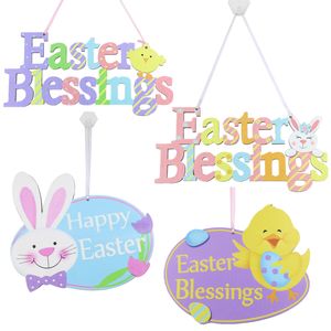Easter Wooden Signs Spring Party Welcome Door Hanging Bunny Chicken Happy Easter Letters Decoration