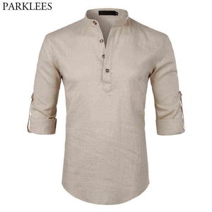 Męskie Casual Bawełniana Pościel Henley Koszula 2018 Brand New Roll-Up Sukienka Sukienka męska Slim Fit Długi Rękaw Camisa Masculina Beige G0105