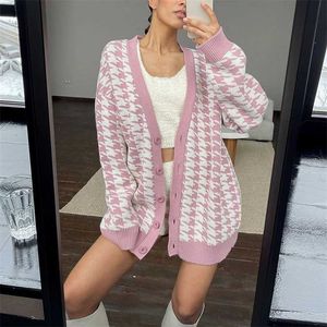 MEIYANGYOUNG V Neck Knitted Cardigans Sweater Pink Houndstooth Cardigan Long Sleeve Sweater Fashion Autumn Oversized Jumper 220124