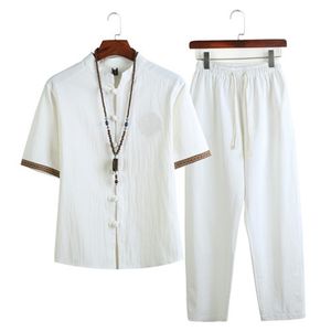 Camicia di lino da uomo estiva Imposta streetwear maschile Jogger Tute Camicie + Pantaloni lunghi Tuta cinese per uomo 2 pezzi Set 5XL 201109