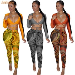 Sexy Screen Printed Two Piece Pants Suit For Women Fashion Long Sleeve Tops And High Elastic Leggings Cacual Outfits