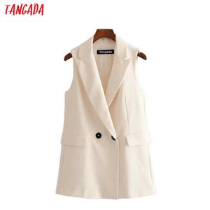 Tangada donna beige lungo gilet cappotto ufficio signore gilet senza maniche blazer doppiopetto outwear elegante top 3H465 201031