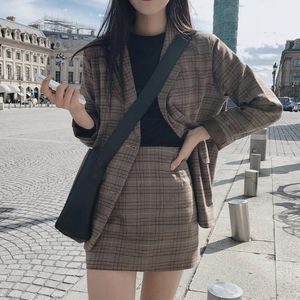 Grundlegende Casual Kleider Frauen 2 Stück Rock Anzug Weibliche Büro Damen Blazer Retro Plaid Set Einreiher Jacke Bleistift Röcke 201130