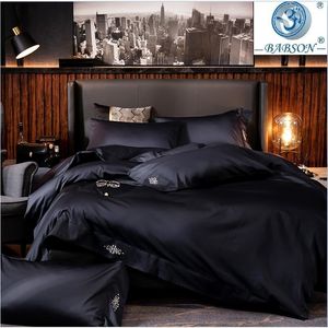 Czarna Egipska Bawełniana Pościel Zestawy Queen King Size Haft Bed Duvet Cover Arkusze / Dopasowany arkusz Pościel Zestaw Hotel Zestaw T200706