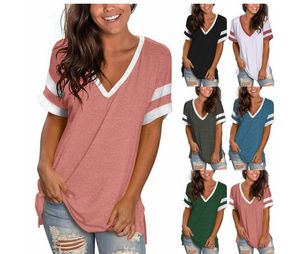 Wholesale 2021 women's Tops & Tees clothing in spring and summer V-neck loose splicing short sleeve T-shirt