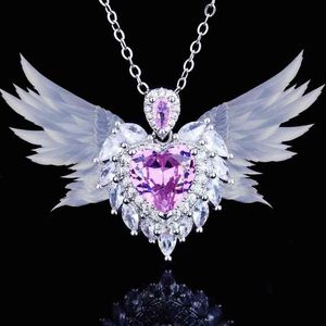 925 Silver Fashion Luxury Temperament Design Angel Wing Simulated Aquamarine Heart Necklace for Women Fine Jewelry Wholesale