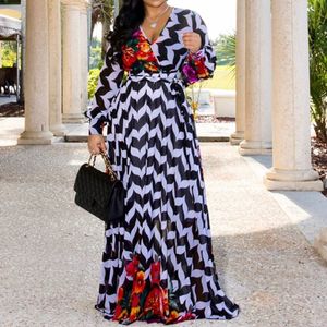 Fashion 2020 Stripe Floral Print Long Sleeve Chiffon Dress Women African V Neck Ladies Casual Boho Maxi Fall Autumn Long Dress Y0118