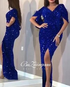BAZIIINGAAA glitzerndes blaues Meerjungfrau-Abendkleid mit V-Ausschnitt, überkreuztes Design am Bein, sexy Taille, geeignet für Abschlussballpartys, Übergröße, LJ201118